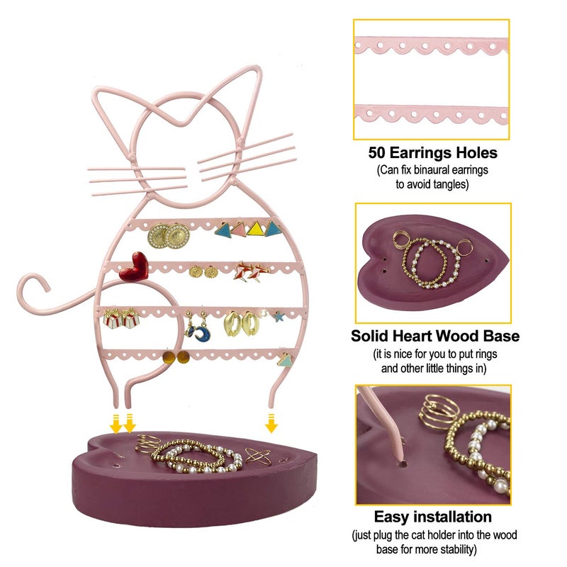 ERYTLLY Earring Holder Organizer, Cat Shaped Earring Organizer Stand With Wood Base Necklace Holder Organizer-47 Stud Earrings Holes Bracelet Holder (Pastel Pink) - Image 4